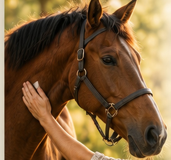 Horse standing calmly with a hand resting on its coat